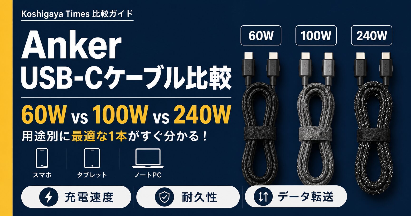 Anker USB-Cケーブル比較 60W 100W 240W